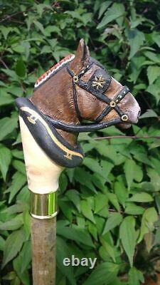 Horse Marquetry Fully Handmade Leather Wooden Walking Stick Cane