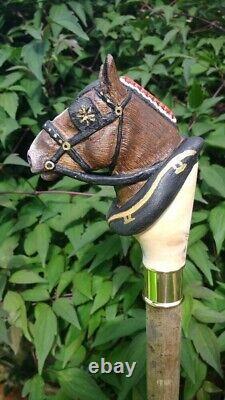 Horse Marquetry Fully Handmade Leather Wooden Walking Stick Cane