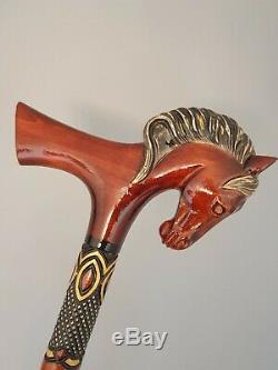 Horse wood walking stick (cane), handmade, hand carved