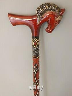 Horse wood walking stick (cane), handmade, hand carved