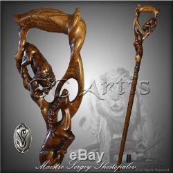 Impala & Lion Wood Carved Walking Cane Wooden Walking Stick Handle for men women