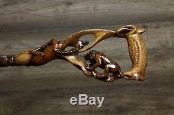 Impala & Lion Wood Carved Walking Cane Wooden Walking Stick Handle for men women