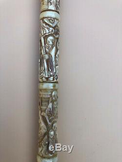 Incredible Rare Antique Soap Stone Intricately Carved Chinese Walking Stick/Cane