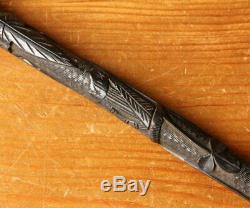 Irish Bog Oak Folk Art Snake Walking Stick Cane. Carved Clover, Fern Leaf. C1900