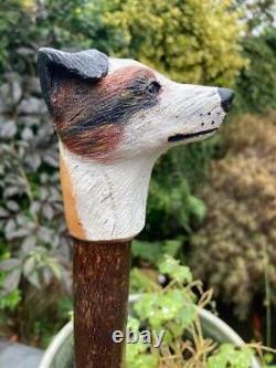 Jack Russell Head Hand Carved in Lime wood Country Walking stick on Hazel Shank