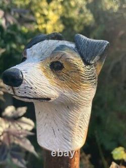 Jack Russell Head Hand Carved in Lime wood Country Walking stick on Hazel Shank