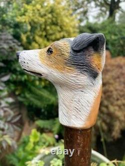 Jack Russell Head Hand Carved in Lime wood Country Walking stick on Hazel Shank