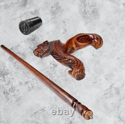Jaguar Head Wood Carved Walking Stick Cane, Wooden Ergonomic Palm Grip Handle