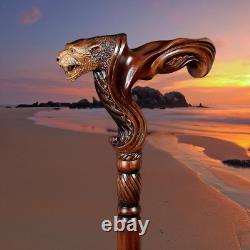 Jaguar Head Wood Carved Walking Stick Cane, Wooden Ergonomic Palm Grip Handle