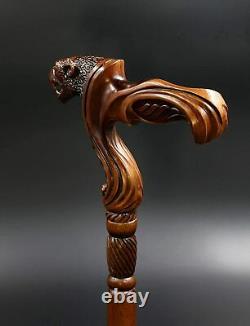 Jaguar Head Wood Carved Walking Stick Cane Wooden Ergonomic Palm Grip Handle