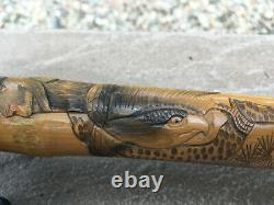 Japanese Antique Bamboo Cane Carved with Samurai, Eagle & Monkey Signed