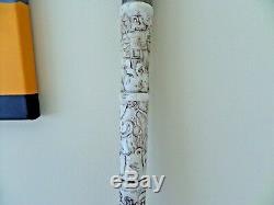 Japanese / Chinese Carved Antique Walking Stick Bone(Bovine)With Horn Handel
