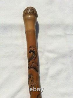 Japanese Meiji Period Carved Bamboo Walking Stick/Cane with Snake and Rodents