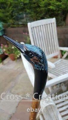 Kingfisher Head Handle Hand Painted Bird Wood Carved Wooden Walking Stick Cane