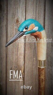 Kingfisher Walking Stick Wooden Hand Carved Bird Walking Cane Xmas Best GIFT