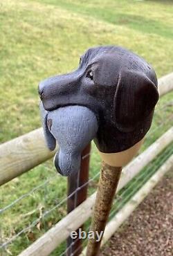 Labrador & Partridge Hand Carved in Lime Country Walking stick on Hazel Shank