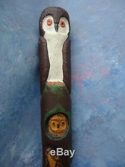 Large rare Hand Carved Animal Hard Wood Cane Walking Stick owl, snake, bear 55'