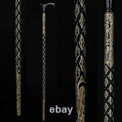 Leaf Patterned Black Wooden Walking Stick, Special Carved Cane, Handmade Gift