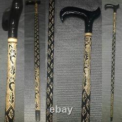 Leaf Patterned Black Wooden Walking Stick, Special Carved Cane, Handmade Gift