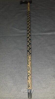 Leaf Patterned Black Wooden Walking Stick, Special Carved Cane, Handmade Gift