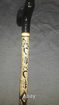 Leaf Patterned Black Wooden Walking Stick, Special Carved Cane, Handmade Gift