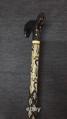 Leaf Patterned Black Wooden Walking Stick, Special Carved Cane, Handmade Gift