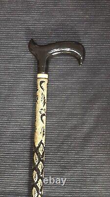 Leaf Patterned Black Wooden Walking Stick, Special Carved Cane, Handmade Gift