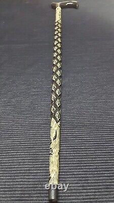 Leaf Patterned Black Wooden Walking Stick, Special Carved Cane, Handmade Gift