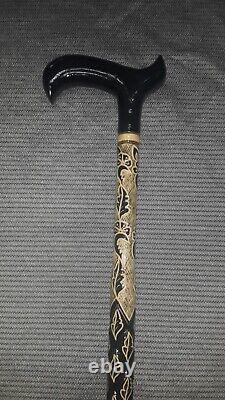 Leaf Patterned Black Wooden Walking Stick, Special Carved Cane, Handmade Gift