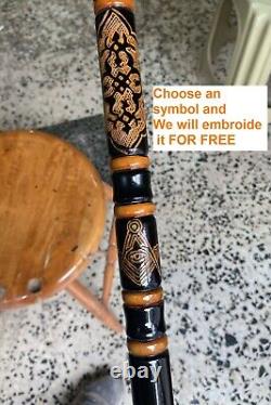 Leaf Patterned Black Wooden Walking Stick, Special Carved Cane, Handmade Gift