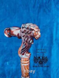 Lion Face Wooden Carved Walking Stick Cane handmade wood crafted