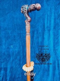 Lion Face Wooden Carved Walking Stick Cane handmade wood crafted