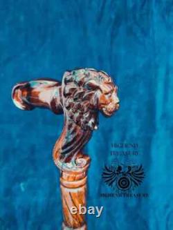 Lion Face Wooden Carved Walking Stick Cane handmade wood crafted