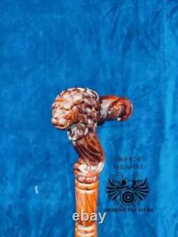 Lion Face Wooden Carved Walking Stick Cane handmade wood crafted