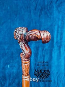 Lion Face Wooden Carved Walking Stick Cane handmade wood crafted