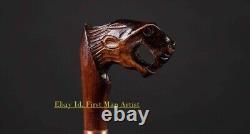 Lion Handle Walking Stick Wooden Hand Carved Walking Cane Animal For Man