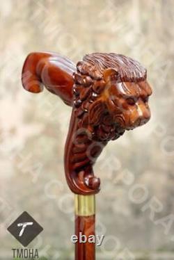 Lion Handle Walking Stick Wooden Hand Carved Walking Cane Lion Xmas Best Gift