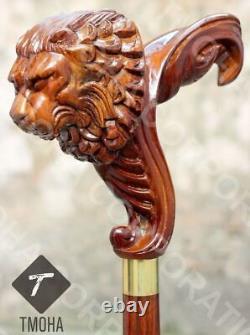 Lion Handle Walking Stick Wooden Hand Carved Walking Cane Lion Xmas Best Gift