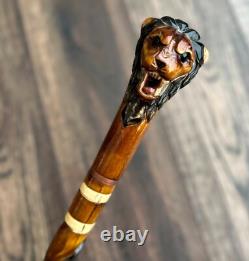 Lion Head Walking Stick Hand Carvin Cane Wooden Handmade Cane Hiking Carved