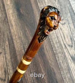 Lion Head Walking Stick Hand Carvin Cane Wooden Handmade Cane Hiking Carved
