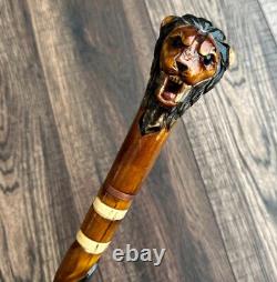 Lion Head Walking Stick Hand Carvin Cane Wooden Handmade Cane Hiking Carved