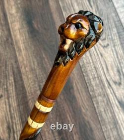 Lion Head Walking Stick Hand Carvin Cane Wooden Handmade Cane Hiking Carved