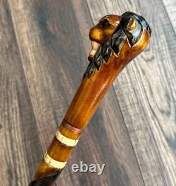 Lion Head Walking Stick Hand Carvin Cane Wooden Handmade Cane Hiking Carved
