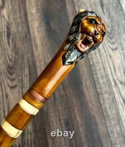 Lion Head Walking Stick Hand Carvin Cane Wooden Handmade Cane Hiking Carved