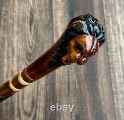 Lion Head Walking Stick Hand Carvin Cane Wooden Handmade Cane Hiking Carved