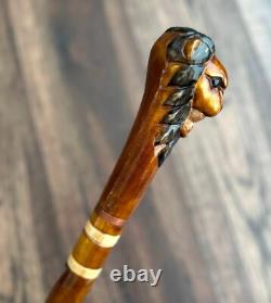 Lion Head Walking Stick Hand Carvin Cane Wooden Handmade Cane Hiking Carved