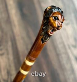 Lion Head Walking Stick Hand Carvin Cane Wooden Handmade Cane Hiking Carved