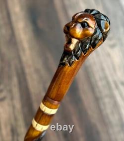 Lion Head Walking Stick Hand Carvin Cane Wooden Handmade Cane Hiking Carved