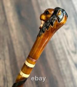 Lion Head Walking Stick Hand Carvin Cane Wooden Handmade Cane Hiking Carved