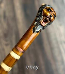 Lion Head Walking Stick Hand Carvin Cane Wooden Handmade Cane Hiking Carved